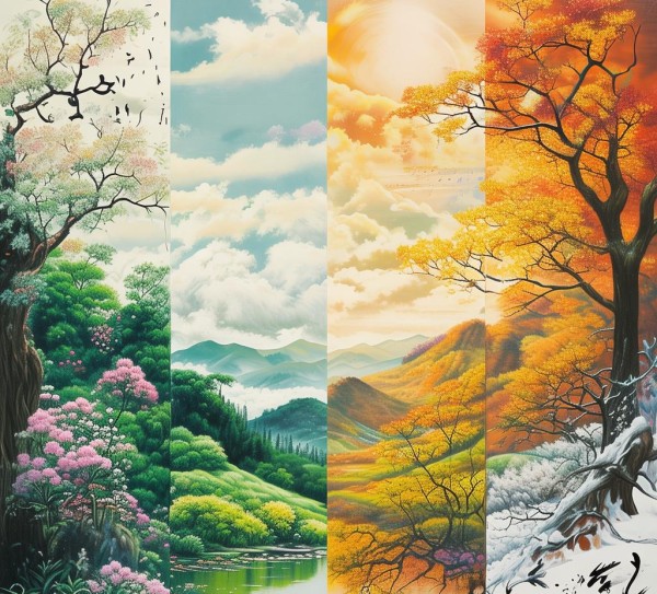 四季流转·书法画卷，春夏秋冬基地动态图